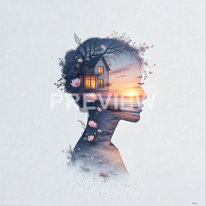The image features a double exposure effect combining the silhouette of a woman's profile with a serene landscape scene. Inside the silhouette, there is a picturesque view of a house with lit windows, surrounded by blooming flowers and tree branches, set against a sunset over the ocean with a colorful sky. The overall composition creates a harmonious blend of nature, tranquility, and human presence.